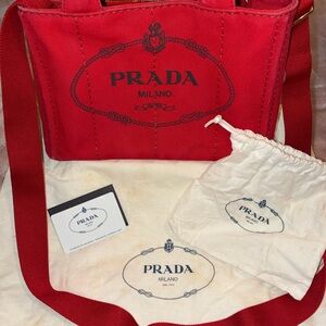 Prada Milano Red Canvas Tote ~ B2439G Canada Rosso w/Strap